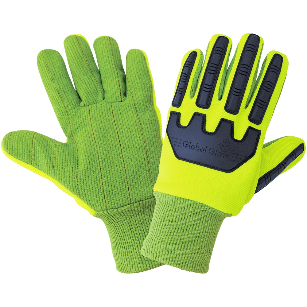 High-Visibility Green Cotton/Polyester Corded Gloves with Impact Protection