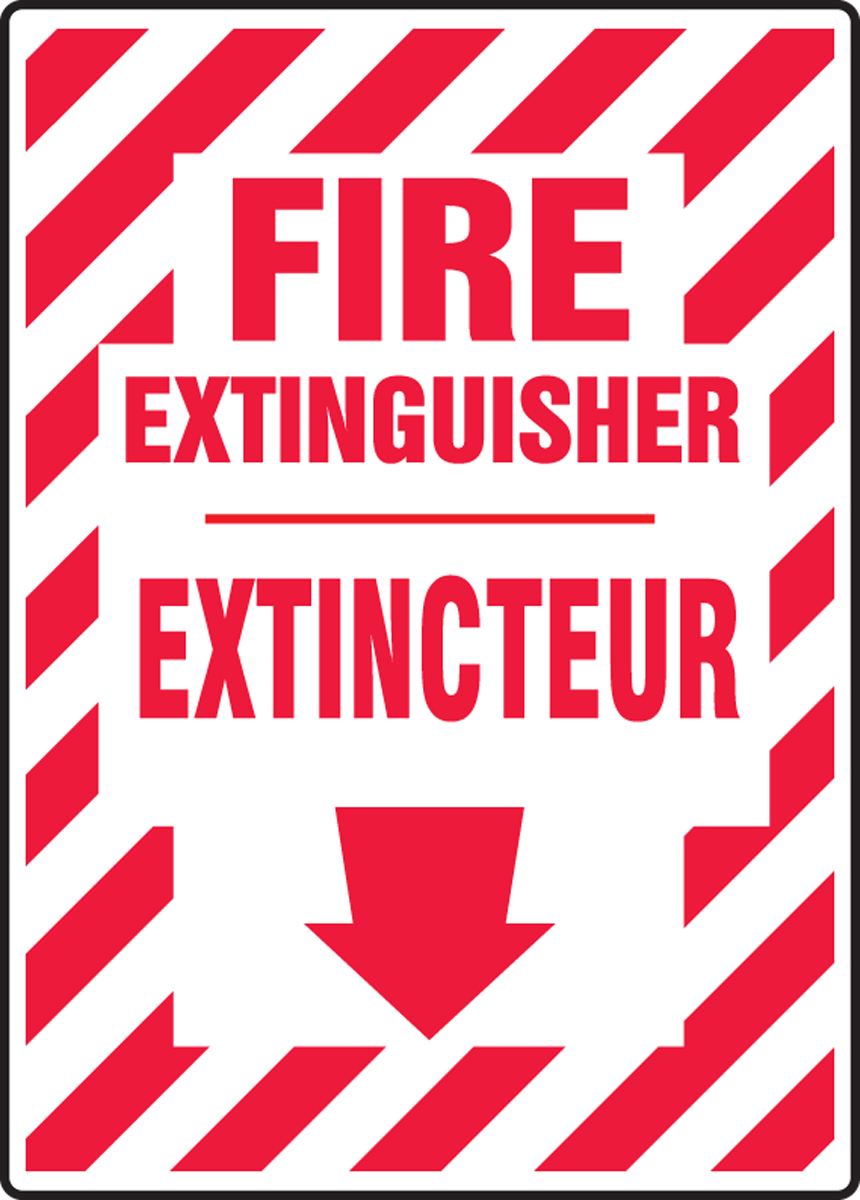 "Fire Extinguisher" with Arrow Bilingual (English/Spanish) Fire Safety Sign