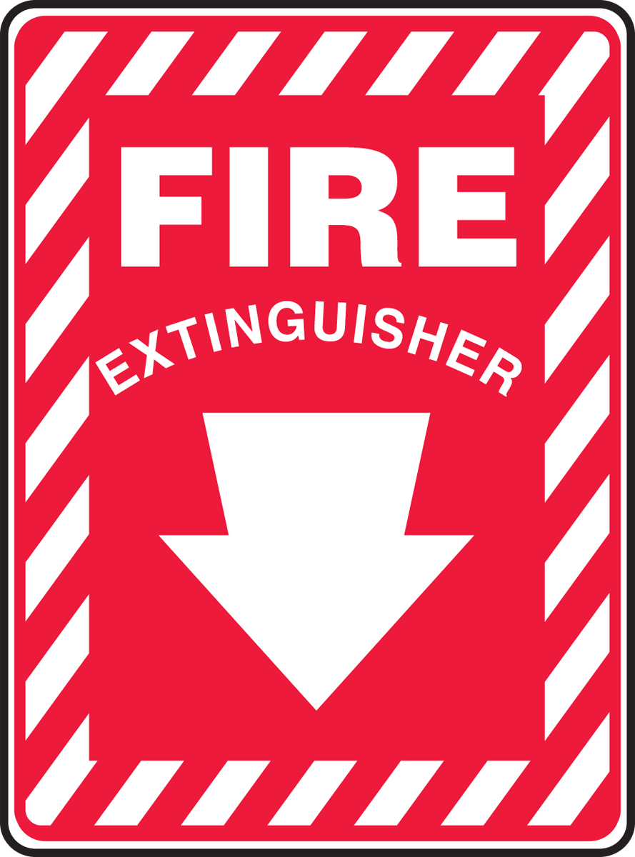 "Fire Extinguisher" Sign with Downward Pointing White Arrow
